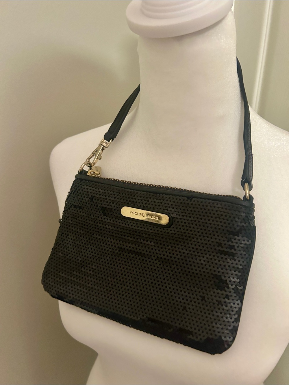 Michael Kors Black Sequin Wristlet with Gold Plaque